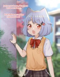 Rule 34 | 1girl, absurdres, animal ears, blue hair, blurry, bow, bowtie, building, bush, cat ears, cat girl, chain, commentary, depth of field, english text, fang, hair ornament, hairclip, highres, medium hair, neqo (character), neqo (neneneqo), open mouth, orange sweater vest, original, plaid, plaid skirt, red bow, red bowtie, red eyes, school uniform, skirt, smile, solo, sweater vest, upper body, wristband