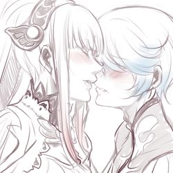 Rule 34 | 10s, blush, breasts, dress, closed eyes, hair ornament, jewelry, kiss, lailah (tales), lips, lowres, mikleo (tales), multicolored hair, open mouth, ponytail, tales of (series), tales of zestiria