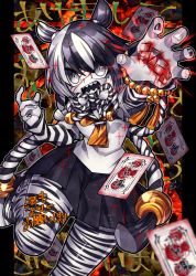 Rule 34 | 1girl, 2022, animal ears, animal print, bead bracelet, beads, black hair, black nails, black skirt, blood, bow, bowtie, bracelet, card, chinese zodiac, colored skin, cowboy shot, foreshortening, fur collar, gradient eyes, grey eyes, grey skin, grin, injury, jewelry, leg up, long sleeves, looking at viewer, multicolored eyes, multicolored hair, multicolored nails, nail polish, open mouth, original, playing card, pleated skirt, rope, scar, scar across eye, scar on face, senmu (0107), sharp teeth, shimenawa, shirt, short hair, skirt, sleeves past wrists, smile, solo, split-color hair, striped clothes, striped legwear, striped shirt, teeth, tiger ears, tiger girl, tiger print, white eyes, white hair, white legwear, white nails, white shirt, year of the tiger
