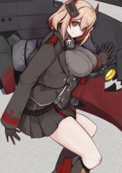 Rule 34 | 1girl, arm behind back, azur lane, black gloves, black jacket, black skirt, blonde hair, breasts, closed mouth, feet out of frame, gloves, grey shirt, hair between eyes, hair ornament, hand on back, highres, jacket, large breasts, looking at viewer, marshall k, medium hair, miniskirt, multicolored hair, pleated skirt, roon (azur lane), shirt, simple background, sitting, skirt, smile, solo, yellow eyes