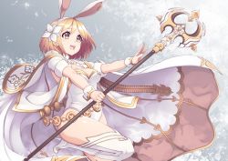 Rule 34 | 10s, 1girl, alternate costume, animal ears, blonde hair, boots, breasts, brown eyes, rabbit ears, cape, djeeta (granblue fantasy), flower, granblue fantasy, hair flower, hair ornament, high heels, highres, holding, holding staff, leotard, medium breasts, mku, open mouth, outstretched arms, sage (granblue fantasy), short hair, short sleeves, smile, solo, staff, white footwear, white legwear, wrist cuffs