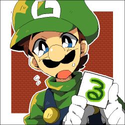 Rule 34 | 1boy, blue eyes, blue overalls, brown hair, facial hair, gloves, green hat, green shirt, hat, k (krkd-dn7), kanji, looking at viewer, lowres, luigi, mario (series), mustache, nintendo, open mouth, overalls, shirt, solo, super mario bros. 1, white gloves