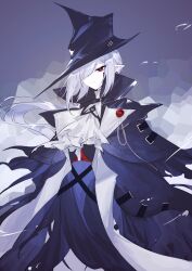 Rule 34 | 1girl, arknights, ascot, black dress, black hat, black jacket, bright pupils, dress, gladiia (arknights), grey hair, hair over one eye, hat, highres, jacket, long hair, looking at viewer, nazo no hana, one eye covered, pointy ears, red eyes, sidelocks, solo, white ascot, white pupils
