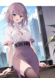 Rule 34 | 1girl, aqua eyes, belt, black belt, black thighhighs, blush, bracelet, breasts, cityscape, flower, frilled shirt, frills, hair flower, hair ornament, highres, id card, jewelry, looking at viewer, medium breasts, medium hair, neck ribbon, original, pencil skirt, purple hair, ribbon, shirt, side slit, sitting, skirt, smile, solo, thighhighs, watch, white ribbon, white shirt, window, wristwatch, yoshino ryou