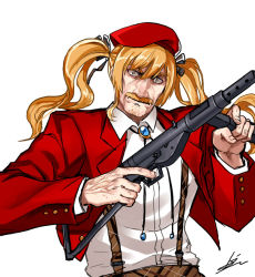 Rule 34 | 1girl, beret, blonde hair, buttons, closed mouth, collared shirt, facial hair, gem, genderswap, genderswap (ftm), girls&#039; frontline, gun, hair between eyes, hair ribbon, hat, holding, holding gun, holding weapon, jacket, kws, long hair, looking at viewer, manly, mustache, open clothes, open jacket, red hat, red jacket, ribbon, shirt, signature, simple background, skirt, solo, sten gun, sten mkii (girls&#039; frontline), submachine gun, suspender skirt, suspenders, trigger discipline, twintails, upper body, weapon, white background