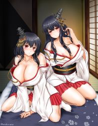 Rule 34 | 2girls, areola slip, black hair, blush, breasts, cleavage, detached sleeves, fusou (kancolle), futon, hair ornament, highres, kantai collection, large breasts, long hair, looking at viewer, multiple girls, nontraditional miko, red eyes, short hair, smile, ura tomomi, yamashiro (kancolle)
