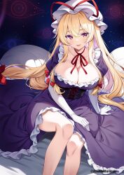 1girl arm_support bare_legs blonde_hair blush bow breasts cellphone cleavage collarbone commentary_request corset dress elbow_gloves feet_out_of_frame gloves hair_bow hat highres huge_breasts long_hair looking_at_viewer murasaki_atsushi neck_ribbon phone purple_dress red_bow red_ribbon ribbon scoop_neck sitting smile solo touhou twitter_username very_long_hair white_gloves white_hat yakumo_yukari yellow_eyes