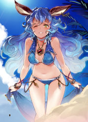 Rule 34 | 1girl, animal ears, backlighting, bare shoulders, bikini, blue bikini, blue hair, blue sky, bracelet, breasts, choker, day, earrings, erune, ferry (granblue fantasy), granblue fantasy, highres, jewelry, long hair, medium breasts, navel, necklace, non-web source, one eye closed, outdoors, page number, sky, solo, super zombie, swimsuit, wavy hair, wristband, yellow eyes