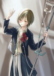 Rule 34 | 1girl, absurdres, blazer, blurry, blurry background, bow, bowtie, brown eyes, brown hair, cable, collared shirt, emblem, gucheng jianglixiang, hand up, highres, intravenous drip, iv stand, jacket, long sleeves, loose bowtie, open clothes, open jacket, open shirt, original, parted lips, pleated skirt, school uniform, shirt, short hair, skirt, solo, sunlight