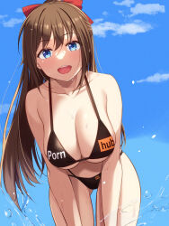 Rule 34 | 1girl, :d, alternate breast size, bare shoulders, bent over, bikini, black bikini, blue eyes, blue sky, blush, bow, breasts, brown hair, closed mouth, clothes writing, collarbone, day, gluteal fold, hair bow, highres, large breasts, long hair, looking at viewer, love live!, love live! nijigasaki high school idol club, mobukichi, navel, open mouth, osaka shizuku, outdoors, ponytail, pornhub, product placement, red bow, side-tie bikini bottom, sky, smile, solo, swimsuit, very long hair, water