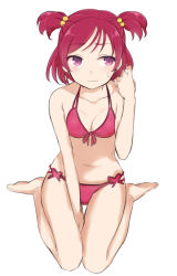 Rule 34 | 00s, 1girl, bad id, bad pixiv id, barefoot, bikini, front-tie top, full body, hair bobbles, hair ornament, looking away, minatsuki randoseru, navel, precure, purple eyes, red hair, simple background, sitting, solo, sweatdrop, swimsuit, twintails, two side up, wariza, wavy mouth, white background, yes! precure 5, yumehara nozomi