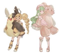 Rule 34 | 2girls, :o, animal ears, antennae, bear ears, beret, black eyes, blush, boots, braid, commentary, commission, creatures (company), dress, english commentary, game freak, gen 8 pokemon, green hair, hachi (vtuber), hat, highres, holding, holding stuffed toy, indie virtual youtuber, jadelin, knee boots, lolita fashion, long hair, looking to the side, mitsubee amaiyume, morpeko, morpeko (full), multiple girls, nintendo, open mouth, pink eyes, pink footwear, pokemon, second-party source, side braid, smug, stuffed animal, stuffed toy, teddy bear, tube socks, virtual youtuber, yellow dress, yellow eyes