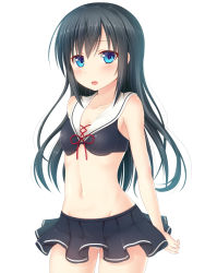 Rule 34 | 10s, 1girl, adapted costume, asashio (kancolle), bare shoulders, bikini, black hair, blue eyes, blush, breasts, cowboy shot, hanazome dotera, kantai collection, long hair, looking at viewer, navel, open mouth, sailor bikini, sailor collar, simple background, skirt, small breasts, solo, swimsuit, white background