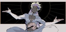Rule 34 | 1boy, azisaiharumaki56, blonde hair, closed mouth, copyright name, cropped jacket, d.gray-man, dark-skinned male, dark skin, frown, highres, male focus, pants, signature, sitting, solo, striped bandana, white pants, wisely kamelot, yellow eyes