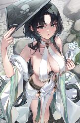 Rule 34 | 1girl, absurdres, aqua hair, armpits, azur lane, black hair, blush, breast curtains, breasts, collarbone, detached sleeves, eye mask, folding fan, hand fan, highres, huan ch&#039;ang (azur lane), large breasts, looking at viewer, mask, multicolored hair, outdoors, pelvic curtain, revealing clothes, sabotensuteeki, shading eyes, sweat, two-tone hair, unworn mask