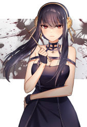 Rule 34 | 1girl, arm across waist, black dress, black gloves, black hair, blood, blood splatter, bloody weapon, blush, breasts, cleavage, closed mouth, cowboy shot, dagger, dress, earrings, fingerless gloves, floating hair, gloves, gold, gold earrings, gold hairband, hairband, highres, holding, holding dagger, holding knife, holding weapon, jewelry, knife, large breasts, long hair, looking at viewer, raised eyebrows, red eyes, sidelocks, solo, splatter background, spy x family, swept bangs, tsunakawa, upper body, weapon, yor briar