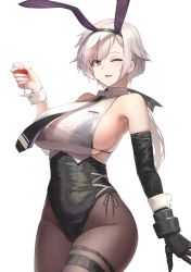 Rule 34 | 1girl, alcohol, animal ears, azur lane, backless leotard, bare shoulders, black bra, black leotard, bra, breasts, brown pantyhose, cowboy shot, cup, elbow gloves, fake animal ears, gloves, highleg, highleg leotard, highres, holding, holding cup, itaco, large breasts, leotard, leotard under clothes, long hair, looking at viewer, mechanical hands, metal gloves, official alternate costume, one eye closed, pantyhose, playboy bunny, purple eyes, rabbit ears, reno (azur lane), reno (reno bunnino) (azur lane), see-through, see-through shirt, short hair with long locks, sideboob, simple background, single elbow glove, single mechanical hand, smile, solo, thigh strap, underwear, white background, white hair, wrist cuffs