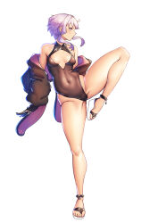 Rule 34 | 1girl, absurdres, bare shoulders, black leotard, breasts, commentary request, covered navel, expressionless, full body, highleg, highleg leotard, highres, jacket, leg up, leotard, looking to the side, nicchi, off shoulder, open clothes, open jacket, platform footwear, profile, purple eyes, purple hair, short hair with long locks, simple background, small breasts, solo, standing, standing on one leg, thighs, vocaloid, voiceroid, white background, yuzuki yukari