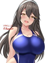 1girl arms_behind_back bare_arms black_hair blue_one-piece_swimsuit blush breasts brown_eyes cleavage collarbone commentary competition_swimsuit covered_navel dated hair_between_eyes hair_ornament hairband hairclip haruna_(kancolle) haruna_kai_ni_(kancolle) highres kantai_collection large_breasts long_hair looking_at_viewer montemasa one-hour_drawing_challenge one-piece_swimsuit open_mouth sidelocks signature simple_background smile solo swimsuit twitter_username two-tone_swimsuit upper_body white_background