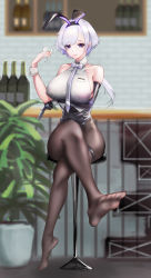 Rule 34 | 1girl, absurdres, animal ears, azur lane, backless leotard, bar (place), bare shoulders, black leotard, blurry, blurry background, breasts, chenhuan wu wo, cup, elbow gloves, fake animal ears, full body, gloves, highres, holding, holding cup, huge breasts, leotard, leotard under clothes, light purple hair, looking at viewer, mechanical hands, metal gloves, official alternate costume, pantyhose, parted hair, playboy bunny, purple eyes, rabbit ears, reno (azur lane), reno (reno bunnino) (azur lane), shirt, side-tie leotard, sideboob, single elbow glove, single mechanical hand, sleeveless, sleeveless shirt, solo, thigh strap, white shirt, wrist cuffs