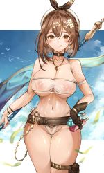 Rule 34 | 1girl, :q, arm strap, atelier (series), atelier ryza, azur lane, bare shoulders, belt, bikini, blush, braid, breasts, brown belt, brown eyes, brown gloves, brown hair, brown ribbon, choker, cleavage, closed mouth, collarbone, earrings, gloves, gluteal fold, hair between eyes, hair ornament, hair ribbon, hairclip, hat, highres, jewelry, large breasts, leather, leather belt, leather gloves, lips, looking at viewer, navel, necklace, pouch, pubic hair, pubic hair peek, reisalin stout, ribbon, see-through, short hair, single glove, skindentation, smile, solo, standing, star (symbol), star earrings, swimsuit, thick thighs, thigh gap, thigh pouch, thighs, tongue, tongue out, vial, white bikini, white hat, wide hips, yusha m