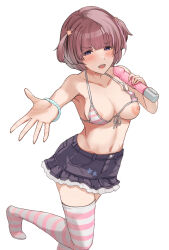 1girl areola_slip arimura_mao bare_shoulders bikini blush breast_slip breasts cleavage collarbone dildo front-tie_bikini_top front-tie_top gakuen_idolmaster hair_ornament highres holding holding_sex_toy idolmaster looking_at_viewer medium_hair multicolored_bikini multicolored_hair namagaki_namero navel nipples one_breast_out open_mouth palms pink_bikini pink_hair pink_thighhighs purple_eyes purple_skirt sex_toy simple_background skirt smile solo star_(symbol) star_hair_ornament stomach streaked_hair striped_bikini striped_clothes striped_thighhighs swimsuit teeth thighhighs thighs two-tone_bikini two-tone_thighhighs two_side_up upper_teeth_only vibrator white_background white_bikini white_thighhighs wristband