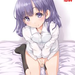 Rule 34 | 10s, 1girl, bed sheet, between legs, black legwear, blouse, buttons, collared shirt, dd (ijigendd), eyebrows, from above, hair between eyes, hair down, hand between legs, head tilt, kantai collection, long sleeves, looking at viewer, no pants, ooshio (kancolle), own hands together, purple eyes, purple hair, shirt, sitting, smile, solo, white shirt