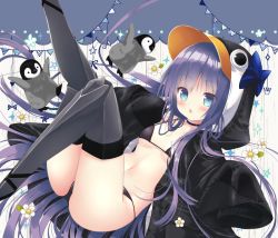 Rule 34 | 1girl, animal, animal hood, ass, bikini, bikini under clothes, bird, black bikini, black jacket, blue bow, blue choker, blue eyes, blush, bow, breasts, choker, commentary request, eighth note, fate/grand order, fate (series), flower, hood, hood up, hooded jacket, jacket, knee up, leg up, long hair, long sleeves, looking at viewer, meltryllis, meltryllis (fate), meltryllis (swimsuit lancer) (fate), meltryllis (swimsuit lancer) (first ascension) (fate), musical note, navel, nekoneko, open clothes, open jacket, parted lips, penguin, penguin hood, pennant, purple hair, sleeves past fingers, sleeves past wrists, small breasts, solo, sparkle, star (symbol), string of flags, swimsuit, very long hair, white flower
