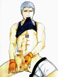 Rule 34 | 1boy, abs, arundhati-1216, bleach, briefs, censored, clothes in mouth, clothes lift, come hither, earrings, erection, gloves, hand on own thigh, highres, jewelry, male focus, male underwear, mouth hold, muguruma kensei, muscular, naughty face, orange gloves, penis, piercing, shirt in mouth, shirt lift, short hair, silver hair, simple background, solo, tank top, underwear, undressing, white background, yellow eyes