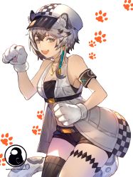 Rule 34 | 1girl, :d, absurdres, animal ears, arknights, armband, artist logo, artist name, black shirt, black shorts, black thighhighs, blue lizz penguin, breasts, cliffheart (arknights), cowboy shot, glint, gloves, grey eyes, grey hair, hair ornament, hat, highres, jacket, jewelry, leopard ears, leopard girl, leopard tail, necklace, open clothes, open jacket, open mouth, paw pose, paw print, paw print background, shirt, short hair, short shorts, shorts, simple background, single thighhigh, small breasts, smile, solo, tail, tassel, tassel hair ornament, teeth, thigh strap, thighhighs, upper teeth only, white background, white gloves, white hat, white jacket