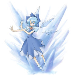 Rule 34 | 1girl, arnest, blue dress, blue eyes, blue hair, blue theme, cirno, crystal, dress, expressionless, female focus, ice, ice wings, looking at viewer, looking back, matching hair/eyes, outstretched arms, puffy short sleeves, puffy sleeves, short sleeves, simple background, solo, touhou, white background, wings