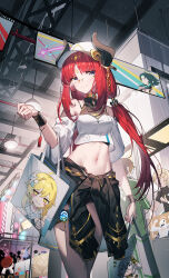Rule 34 | 1boy, 2girls, aether (genshin impact), alternate costume, bag, bare shoulders, baseball cap, black jacket, black shorts, blue eyes, bra strap, bracelet, breasts, cameo, clothes around waist, collar, commentary request, contemporary, crop top, crop top overhang, fake horns, genshin impact, glasses, hair ornament, hat, highres, horns, indoors, jacket, jacket around waist, jewelry, klee (genshin impact), long hair, looking at viewer, looking over eyewear, low twintails, lumine (genshin impact), medium breasts, meme, midriff, multiple girls, nahida (genshin impact), navel, nilou (genshin impact), off-shoulder shirt, off shoulder, over-rim eyewear, paimon (genshin impact), qys3, red hair, semi-rimless eyewear, shirt, shopping bag, short shorts, short sleeves, shorts, sleeveless, sleeveless shirt, smile, solo focus, standing, stomach, teri derp (meme), twintails, undershirt, unusual hilichurl (genshin impact), very long hair, vision (genshin impact), white headwear, white shirt, xiao (genshin impact)