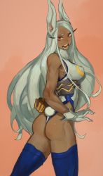 Rule 34 | 1girl, animal ears, ass, bare arms, bare shoulders, blue thighhighs, boku no hero academia, breasts, dark-skinned female, dark skin, from behind, fur collar, gloves, heattech leotard, highleg, highleg leotard, highres, large breasts, leotard, long hair, looking at viewer, looking back, mirko, mossacannibalis, open mouth, orange background, rabbit ears, rabbit tail, red eyes, ribs, solo, standing, tail, thighhighs, turtleneck, very long hair, white gloves, white hair, white leotard