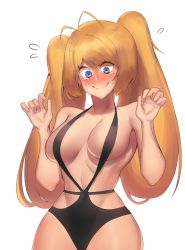 Rule 34 | 1girl, blonde hair, blue eyes, blush, breasts, cleavage, embarrassed, highres, hood (james x), large breasts, looking away, looking down, navel, original, simple background, smile, solo, sweatdrop, tearing up, transparent background, twintails, upper body, white background