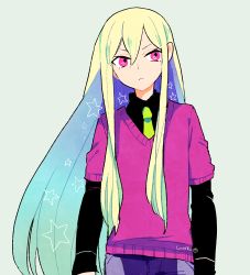 Rule 34 | 1boy, afuro terumi, artist name, blonde hair, gradient hair, inazuma eleven, inazuma eleven (series), l hakase, long hair, lowres, male focus, multicolored hair, necktie, pink eyes, simple background, solo, star (symbol), sweater, very long hair