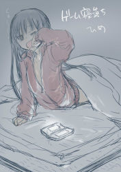 Rule 34 | 1girl, black hair, blanket, bottomless, darkness, futon, handheld game console, houraisan kaguya, indoors, jacket, long hair, lying, monrooru, nintendo ds, no pants, on stomach, open clothes, open jacket, saliva, tears, touhou, track jacket, translation request, very long hair, waking up, yawning, zipper