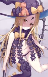 Rule 34 | 1girl, abigail williams (fate), abigail williams (second ascension) (fate), asymmetrical legwear, black bow, black hat, black panties, black thighhighs, blonde hair, blush, bow, brown eyes, closed mouth, commentary request, fate/grand order, fate (series), hat, hat bow, head tilt, highres, holding, ichijou (kr neru0), keyhole, long hair, looking at viewer, navel, orange bow, panties, parted bangs, polka dot, polka dot bow, revealing clothes, single thighhigh, sitting, smile, solo, stuffed animal, stuffed toy, teddy bear, thighhighs, topless, underwear, uneven legwear, very long hair, witch hat