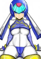 Rule 34 | 1girl, android, arm support, artist request, blue eyes, blush, bodystocking, bracelet, breasts, cameltoe, helmet, large breasts, fairy leviathan (mega man), looking at viewer, mega man (series), mega man zero (series), simple background, smile, solo, tight clothes, white background, wide hips