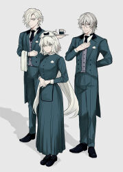 Rule 34 | 1girl, 2boys, alternate costume, antonio salieri (fate), arms behind back, badge, black footwear, black necktie, breasts, buttons, coffee mug, collared shirt, commentary request, cup, edmond dantes (fate), expressionless, fate/grand order, fate (series), frilled shirt collar, frills, full body, green jacket, green pants, green shirt, green skirt, grey background, grey eyes, grey hair, hair between eyes, hair over one eye, hairband, hand on own chest, hand up, highres, holding, holding tray, jacket, jeanne d&#039;arc alter (fate), light smile, long hair, long skirt, long sleeves, looking at viewer, medium breasts, mug, multiple boys, necktie, own hands together, pants, parted lips, red eyes, shadow, shirt, short hair, sidelocks, simple background, skirt, split ponytail, sugar cube, sumi (gfgf 045), towel on arm, tray, unbuttoned, very long hair, white hairband, white shirt