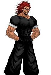 Rule 34 | 1boy, abs, grappler baki, hands in pockets, hanma yujiro, highres, looking away, mature male, muscular, muscular arms, muscular male, pants, pectorals, red eyes, red hair, shirt, short hair, smile