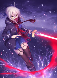 Rule 34 | 1girl, ahoge, artoria pendragon (all), artoria pendragon (fate), black footwear, black jacket, black thighhighs, blonde hair, blue ribbon, blue shirt, blue skirt, blush, boots, cloud, cloudy sky, double bun, fate/grand order, fate (series), glasses, gloves, gogatsu fukuin, hair between eyes, hair bun, hair ribbon, highres, holding, holding sword, holding weapon, hood, hooded jacket, jacket, jakcet, leg up, long hair, looking at viewer, miniskirt, mysterious heroine x alter (fate), mysterious heroine x alter (first ascension) (fate), open clothes, open jacket, pleated skirt, red scarf, ribbon, saber (fate), saber alter, scarf, scarf over mouth, shirt, short hair with long locks, sidelocks, silver hair, skirt, sky, snow, solo, sword, thighhighs, weapon, yellow eyes, zettai ryouiki