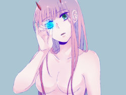 Rule 34 | 1girl, blue background, blue eyes, breasts, cleavage, collarbone, darling in the franxx, green eyes, hair censor, hair over breasts, head tilt, heterochromia, horns, long hair, medium breasts, mukkun696, nude, open mouth, pink hair, simple background, solo, upper body, zero two (darling in the franxx)