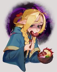Rule 34 | 1girl, ahoge, bags under eyes, blonde hair, blue capelet, blue robe, bow, bowl, braid, capelet, chopsticks, dungeon meshi, eating, elf, food, french braid, green eyes, hair around ear, hair bow, half updo, holding, holding bowl, holding chopsticks, holding food, hood, hood down, hooded capelet, light blush, long hair, long sleeves, marcille donato, mushroom, open mouth, pointy ears, red bow, robe, shaded face, solo, trembling, twin braids, worried, zambiie