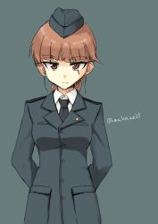Rule 34 | 1girl, alexandra serbanescu, arms behind back, braid, brown eyes, brown hair, frown, garrison cap, hat, highres, long hair, long sleeves, makaze (t-junction), military, military uniform, necktie, scar, scar across eye, scar on face, single braid, solo, strike witches, twitter username, uniform, upper body, world witches series
