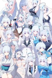 Rule 34 | 1girl, alternate costume, animal ears, armpits, arms up, blue archive, blue necktie, blue shirt, breasts, cleavage, collage, detached sleeves, formal, grey hair, gym shirt, gym uniform, halo, hand on leg, hands in hair, heart, highres, jacket, japanese clothes, kimono, large breasts, legs, leotard, light blue jacket, long skirt, looking at viewer, mummy costume, navel, necktie, noa (blue archive), official alternate costume, one eye closed, playboy bunny, purple eyes, rabbit ears, reia 76, sash, shirt, skirt, smile, solo, stretching, suit, teeth, two-sided fabric, two-sided jacket, white background, white jacket, white kimono, white leotard, white skirt, white suit, yukata