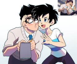 Rule 34 | 1boy, 1girl, black hair, blue eyes, blush, clark kent, collared shirt, dc comics, dragon ball, dragonball z, galaxy cowboy, hand on another&#039;s head, highres, lois lane, my adventures with superman, notepad, open mouth, outstretched hand, pencil, photo-referenced, screenshot inset, shirt, simple background, son gohan, spiked hair, standing, striped clothes, striped shirt, superman (series), t-shirt, tagme, videl