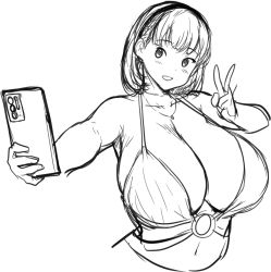 Rule 34 | 1girl, bare arms, bare shoulders, blush, breasts, cellphone, cleavage, cropped torso, dot nose, erkaz, hairband, highres, huge breasts, jewelry, midriff, navel, necklace, no bra, original, outstretched arm, phone, rina atherina, selfie, short hair, simple background, sketch, smartphone, smile, solo, upper body, white background