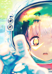 Rule 34 | 1girl, absurdres, astronaut, blurry, close-up, commentary, crying, depth of field, english commentary, highres, inami hatoko, open mouth, original, pink hair, reaching, reaching towards viewer, solo, teeth, upper teeth only, yellow eyes, zero gravity