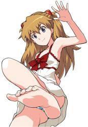 Rule 34 | 00s, 1girl, armpits, ass, barefoot, brown hair, chemise, evangelion: 2.0 you can (not) advance, feet, from below, heriyama, jpeg artifacts, long hair, neon genesis evangelion, panties, rebuild of evangelion, smile, soles, solo, souryuu asuka langley, striped clothes, striped panties, toenails, toes, underwear, white chemise, wide hips