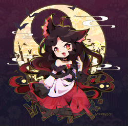 Rule 34 | 1girl, :d, ahoge, animal ear fluff, animal ears, artist name, bamboo, bat (animal), black nails, blush, brooch, brown hair, chibi, chinese commentary, commentary request, detached ahoge, dress, fang, fingernails, gradient eyes, gradient hair, highres, imaizumi kagerou, jewelry, layered clothes, long hair, long sleeves, multicolored eyes, multicolored hair, nail polish, off-shoulder dress, off shoulder, open mouth, orange eyes, parted bangs, red eyes, red hair, red skirt, seisin30do, sharp fingernails, skin fang, skirt, smile, smoke, solo, touhou, two-tone hair, very long hair, white dress, wolf ears